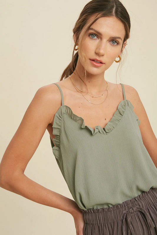 Wishlist sage green ruffle camisole top. Size large (stock pick is true colour of top)