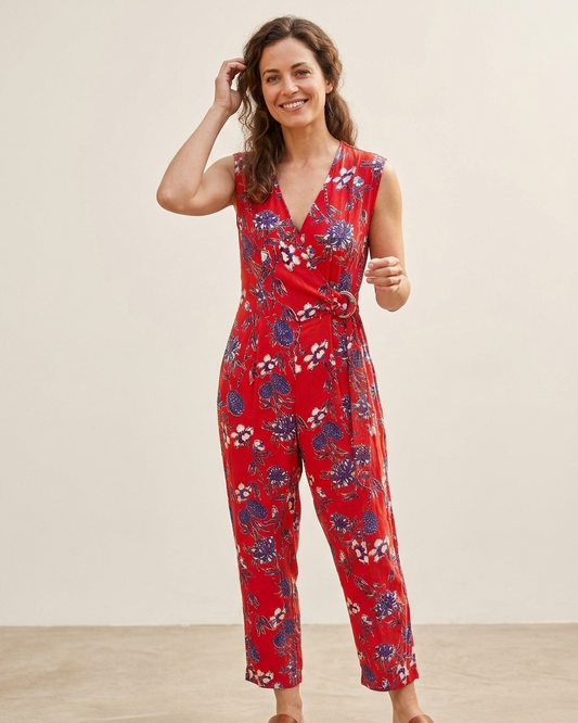 Angie red floral print open back romper | Size SMALL