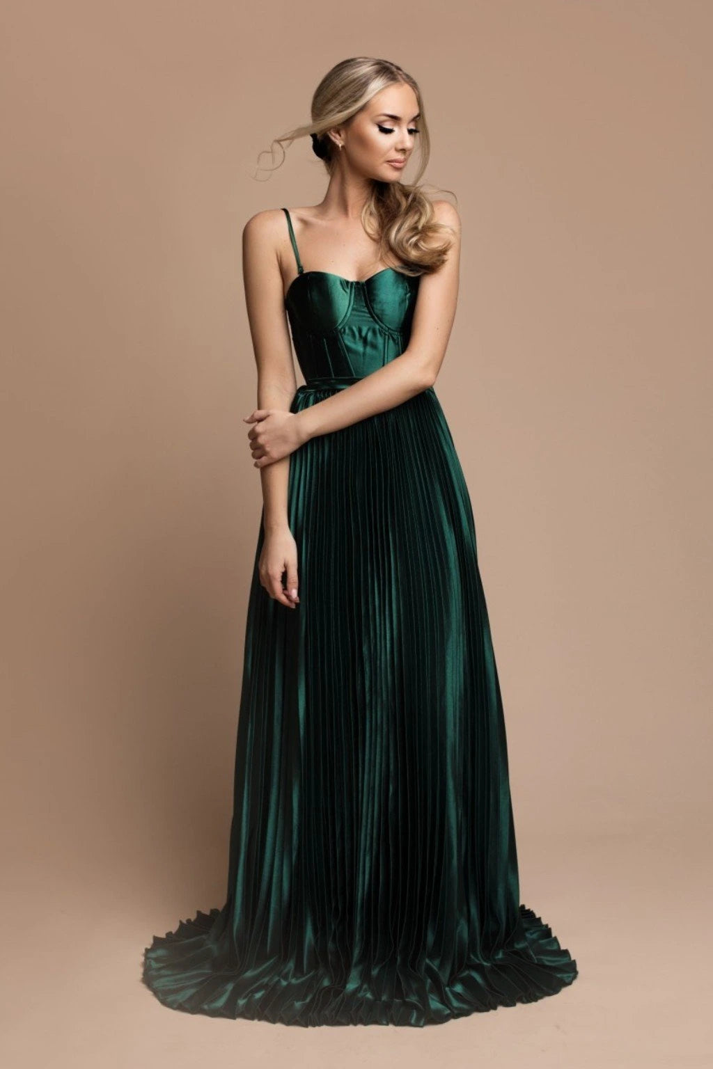 JLMB2- NEW - Eva and Lola mineral green satin pleated gown. Size Medium