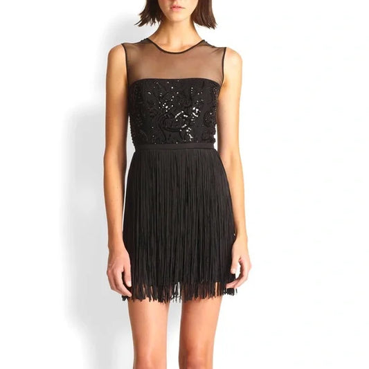 AMHU11 - NEW - BCBG Max Azria Black Fringe Sleeveless "Melly" Sheath Dress. Size 8