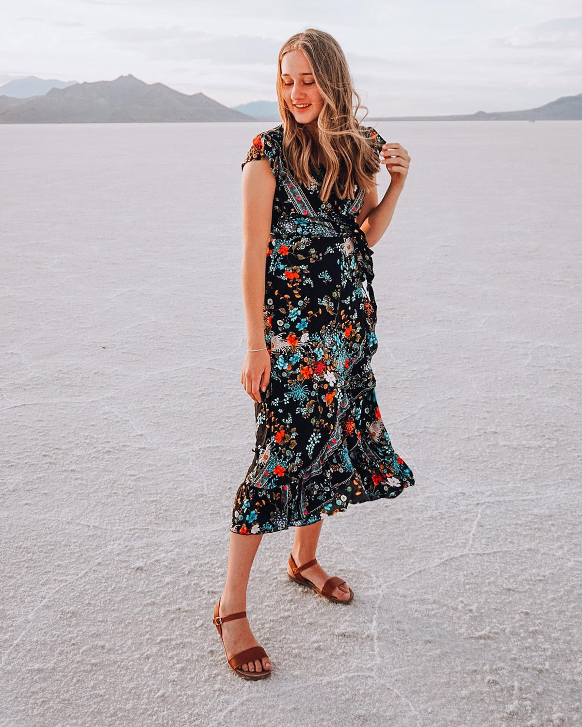 The Adventure Dress brand black floral lightweight wrap dress | Size SMALL / MEDIUM