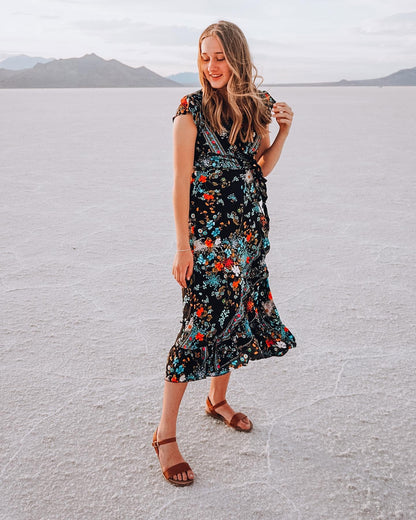 The Adventure Dress brand black floral lightweight wrap dress | Size SMALL / MEDIUM