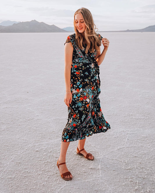 The Adventure Dress brand black floral lightweight wrap dress | Size SMALL / MEDIUM