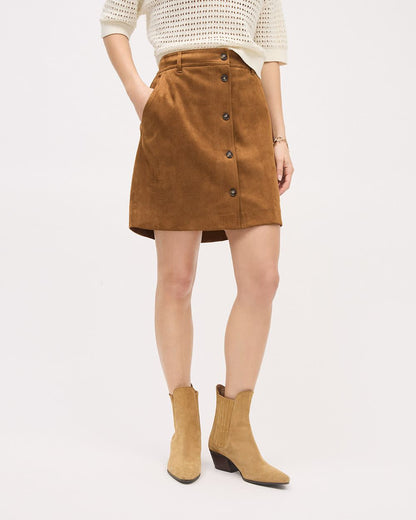 JLMB1 - RW and Co. tan faux suede button down A-line mini skirt. Size 8