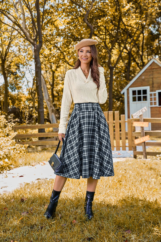 JLMB2 - Belle Poque Navy Vintage Plaid Swing Skirt Elastic Waist Mid-Calf Flared A-Line Skirt. Size large