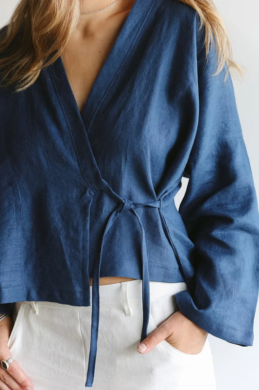 Nomi Design grey linen wrap top. Size medium