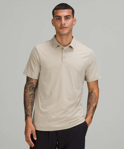 Lululemon Men's Evolution Short Sleeve Polo in Synchronise Stripe Raw Linen / White Opal Colour - Size SMALL