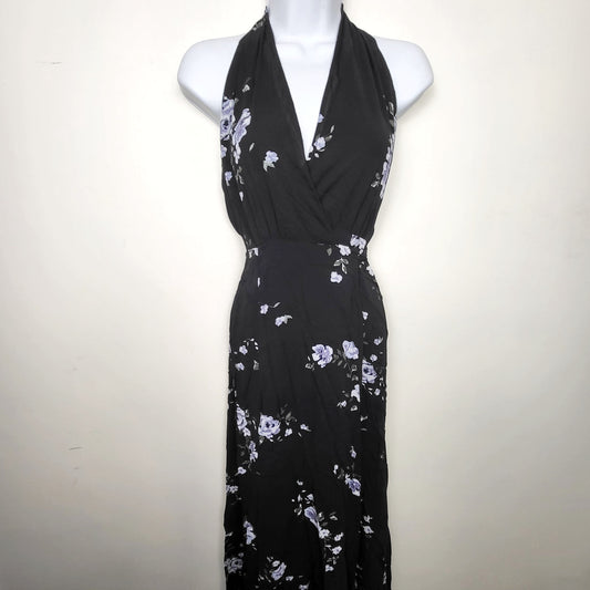 AMHU11 - NEW - Dynamite black floral print wrap halter maxi dress. Size medium