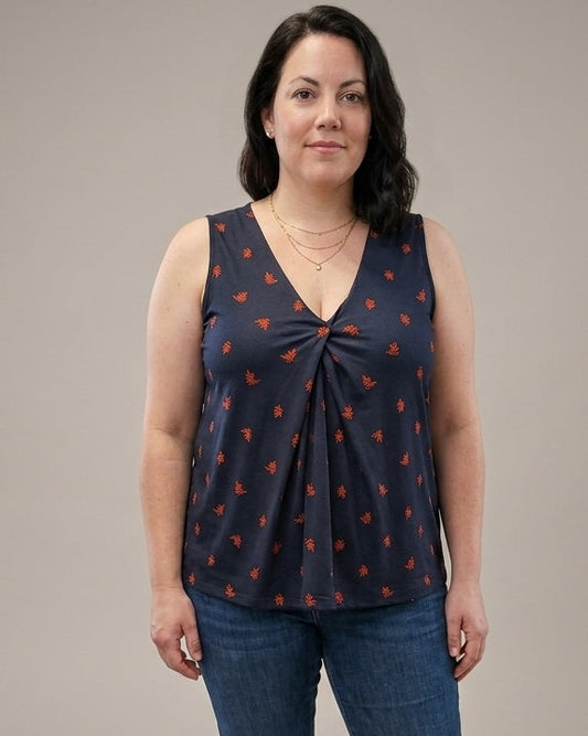 Sung Alfred Sung navy sleeveless top with leaves | Size XL