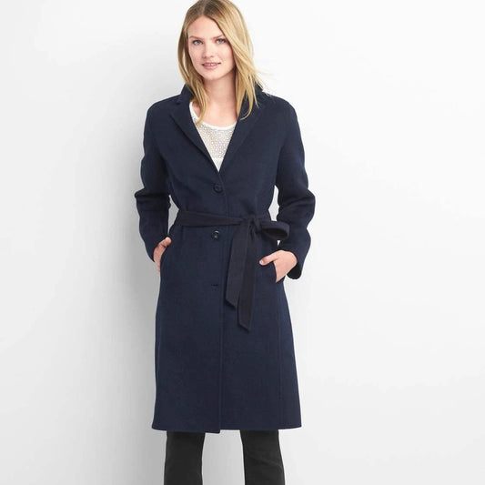 CKLB1 - Gap navy belted wool blend pea coat trench. Size large TALL