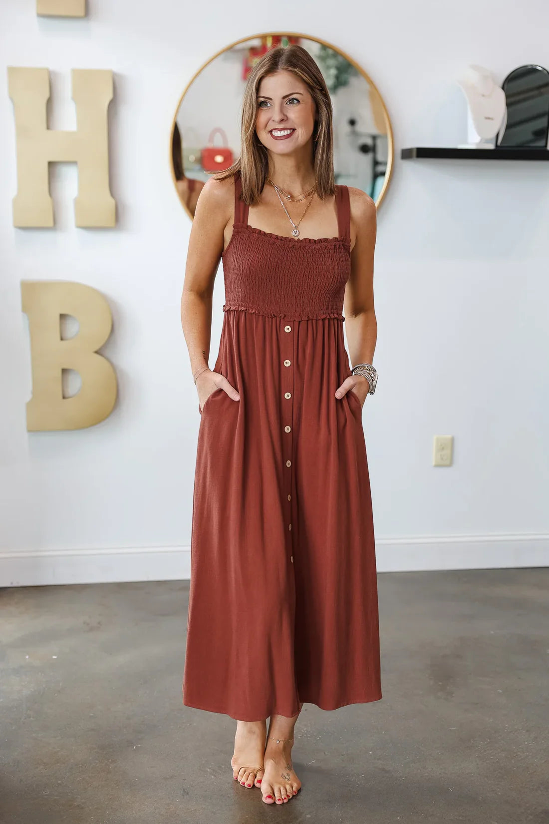 BRNA1 - Wishlist chocolate brown linen blend midi dress