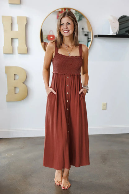 BRNA1 - Wishlist chocolate brown linen blend midi dress